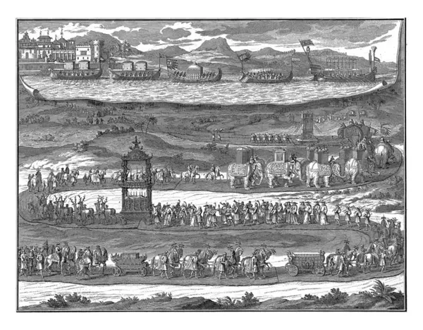 Funeral procession of the king at Tonquin, Bernard Picart (workshop of), 1729 Landscape with the funeral procession with carts and elephants.