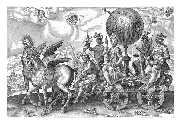 Stock image Triumphant Chariot of the World, Cornelis Cort, after Maarten van Heemskerck, 1564 Triumphal chariot with broken wheels, pulled by two winged horses.