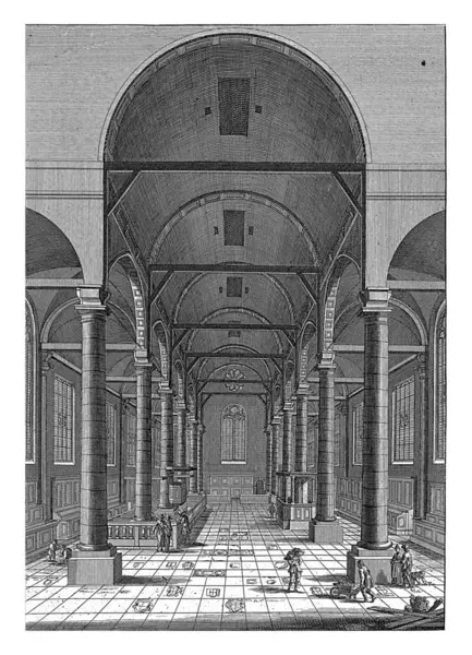 Kuzeyde Amsterdam 'daki Zuiderkerk' in iç kısımları, Jan Goeree, 1680 - 1731 Amsterdam 'daki Zuiderkerk' in iç kısımları, kuzeyde görüldü. Ön planda kiliseye gidenler var..