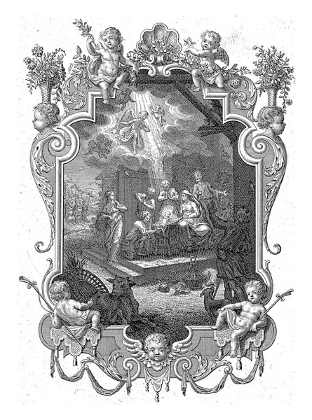Cartouche Adoration Shepherds Jan Caspar Philips 1736 Birth Christ Stable — Stock Photo, Image