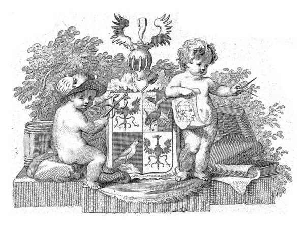 可能是弗兰肯斯坦的Goll家族的纹章 两边有两片纸巾 Reinier Vinkeles 1773年 老式雕刻品 图库图片