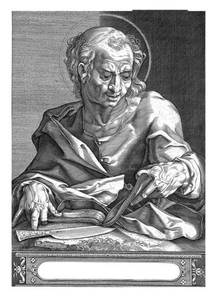 使徒バルトロメオス Egbert Van Panderen 1590 1637 使徒バルトロミュー 本を読んで 彼の目の前にはナイフがある 彼の名前はラテン語で頭の上に書かれています ロイヤリティフリーのストック写真