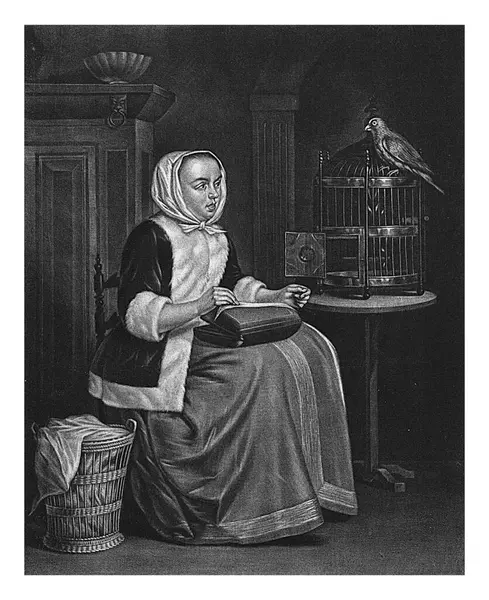 女性とパロット ジョン グリーンウッド ガブリエル メッツ 1760年 1792年 若い女性が針仕事をしている 彼女の隣には オウムを持つ檻があるテーブルがあります ストックフォト