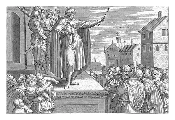 罗波安回答了人民的要求 科勒特 被归因于 在安布罗斯 弗朗肯 1585年 罗波安国王答复了以色列人民要求解除他们的枷锁的要求 图库照片