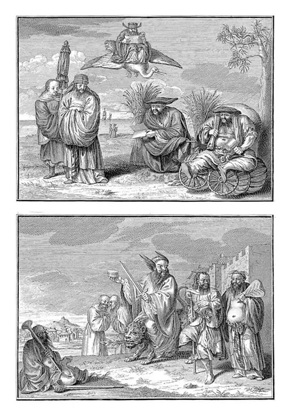 中国の詐欺師と初心者を販売する中国の詐欺師 バーナード ピカート ワークショップ バーナード ピカート 1726年中国のチャラタンの2つの表現を持つシート — ストック写真