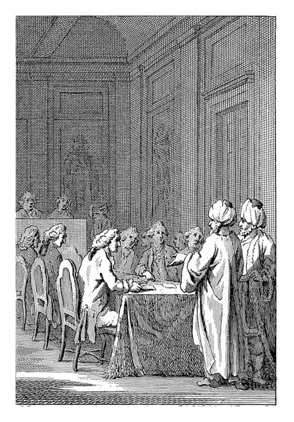 在Jacobus Buys一案 1780 1795年 1759年听取摩洛哥特使Reinier Vinkeles 的发言摩洛哥特使在1759年9月26日对美国将军讲话 图库图片