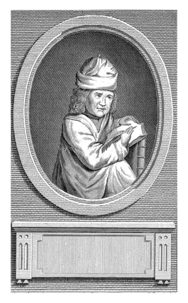 诗人雅各布 梅兰特的画像 他坐在一张扭曲的椅子上 用一支笔在最靠背的书架上写字 图库图片