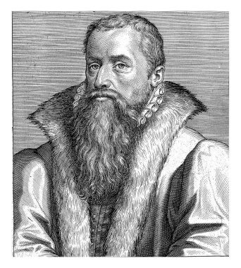 Hollandalı avukat Pieter Peck 'in portresi ve Mechelen Büstü Büyük Konseyi üyesi sola bakıyor. Baskının başlığı Latince ve başlığı ünlü Hollandalı ve Flaman alimler tarafından hazırlanan bir serinin parçasıdır..