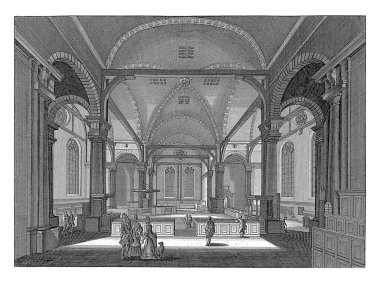 Kuzeyde Amsterdam 'daki Noorderkerk' in iç kısımları, Jan Goeree, 1680 - 1731 Amsterdam 'daki Zuiderkerk' in iç kısımları, kuzeyde görüldü. Ön planda kiliseye gidenler var..
