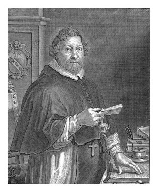 Christophorus Butkens 'ın sağında, Antwerp' teki Sancti Salvatoris manastırının önünde elinde mührü olan bir mektupla bir masada duruyordu..