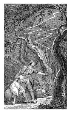 Paulus ve Virginia, bir fırtına sırasında ormanda, Reinier Vinkeles (I), 1751 - 1816 Bir ormanda, Paulus ve Virginia, hemen yanlarındaki bir ağaca çarpan bir yıldırımdan kaçarlar..