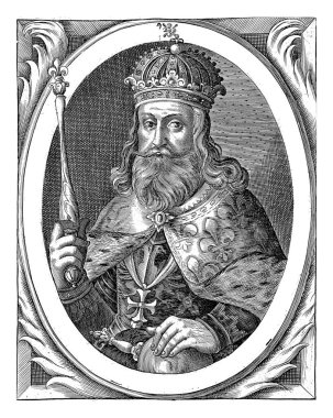 Charlemagne, Willem van de Passe, 1621 - 1636 Hıristiyan kahraman Charlemagne, asa ve imparatorluk elması.