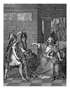 Kılıçlı iki adam çocuklu bir kadının önünde, Philippus Velijn, 1822 Yanında diz çökmüş bir çocuk olan bir kırışıklık önlerinde kılıçlı iki savaşçı olduğunu gösteriyor..