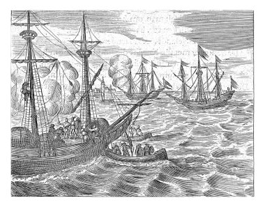 Savaş gemileriyle deniz, anonim, 1650 - 1750 denizde yelkenli gemi. Ön gemide zırhlı adamlar var..