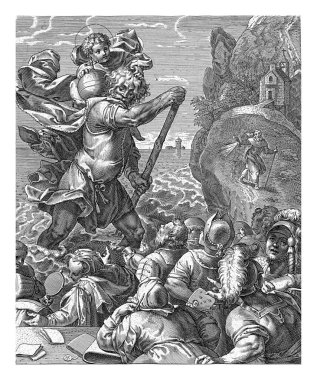 Saint Christopher ve seyirciler, Pieter de Jode (I), Otto van Veen 'den sonra, 1590 - 1632 Hilly manzaralı çalkantılı bir nehir. Aziz Christopher sırtında bir çocukla suda yürüyor..