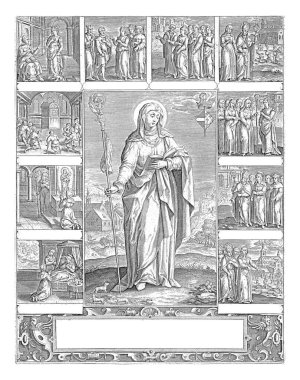 Saint Gertrude, Adriaen Collaert, 1639 - 1706 Saint Gertrude sağ elinde bir başrahibe asası ve sağında bir İncil ile. Ayaklarının dibinde Araf 'taki ruhları sembolize eden üç fare..