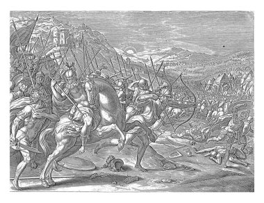 Asurlulara karşı zafer, Jan Snellinck (I), 1643 İsrailliler kaçan Suriye ordusuna saldırdılar. Betulia şehir duvarında, arka planda, Holofernes 'in başı bir kazığa asılı..