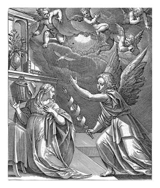Anonslama, Hieronymus Wierix, Hans Verheyden 'den sonra, 1563 - 1586' dan önce Mary kürsünün önünde diz çöküyor. Cebrail 'e omzunun üstünden bakıyor..