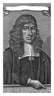 Vaiz Frederik Rastat van Weilo 'nun portresi, Jan Veenhuysen, 1671 Frederik Rastat van Weilo, 32 yaşında, İbranice bir yazıya işaret ediyor..