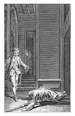 Thomas Jones hapiste, Jan Punt, Hubert Francois Gravelot 'tan sonra, 1749 Hapishanede, Thomas Jones yanan bir mumla yere düşen gardiyanın yanından geçer..
