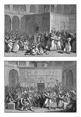 Doğu Ortodoks Hıristiyanları, Paskalya arifesinde Kudüs 'teki Kutsal Mezar Kilisesi' nde, Bernard Picart (atölye çalışması), 1730 'da Bernard Picart' tan sonra,.