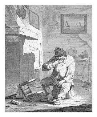 The Smell: Man with Box of Snuff, Abraham de Blois, After Andries both, 1679 - 1717 Bir paçavra adam bir iç taburede oturuyor ve bir kutu enfiye kokusu.