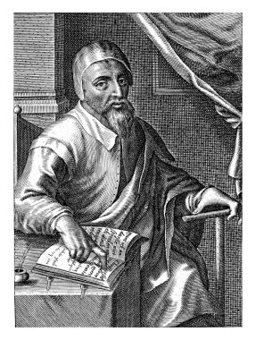 Menno Simons 'un Portresi, Abraham de Cooge, 1615 - 1680 Teolog Menno Simons' un bir çalışması. Simons bir masaya oturur ve İsa 'nın adını işaret eder..