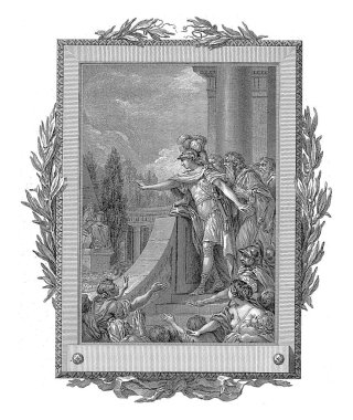 Telemachus Girit 'in tacını reddeder, Jean-Baptiste Tilliard, Charles Monnet' ten sonra, 1785 Telemachus bir basamağın başında durarak kolunu uzatır..