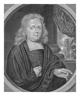 David Flud van Giffen 'in portresi, Adriaen Haelwegh, A. Houbraken' dan sonra, 1688 - 1697 'den sonra ilahiyatçı David Flud van Giffen' in sağındaki bir oval tablosunda.