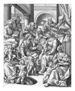 Meryem 'in ailesi, Jan Collaert (II), Maerten de Vos' tan sonra, 1590 yılında kucağında İsa Çocuk ile. O, ailesi tarafından çevrilidir. Aziz Anne İsa 'ya bir elma verir..