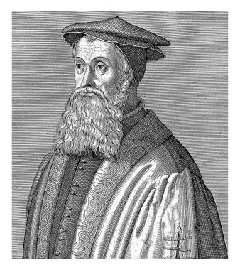 John Bale 'in portresi, Hendrick Hondius (I), John Bale' in 1599 büstü. Portresinin altında adı ve Latince dört satır var..