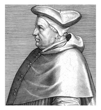 Fransiscus Sonnius 'un portresi, Antwerp' in ilk piskoposu. Solda deneme aşamasında. Baskının başlığı Latince ve başlığı ünlü Hollandalı ve Flaman alimler tarafından hazırlanan bir serinin parçasıdır..