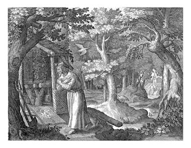 Neris 'li Aziz Patroclus, Ermiş Jan van Londerseel, Maerten de Vos' tan sonra, 1580 - 1625 Saint Patroclus, çarmıha gerilen İsa 'ya tapınarak ormanda inzivaya çekildi..