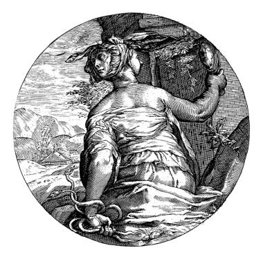 Prudence, Crispijn van de Passe (I), 1600, Prudence 'ın (Prudentia) dört temel erdemden biri olan kadın kişiliği, bir Janus başlığı ile.