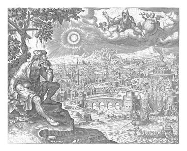 Jonah sits under the gourd, Philips Galle, after Maarten van Heemskerck, 1596 - 1633 Jonah sits on a rock above the city of Nineveh and speaks with God. clipart