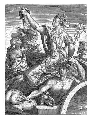 Retorik 'in kadın kişileştirilmesi, elinde bir bez ve kaduceus. Etrafı korkmuş erkek ve kadınlarla çevrili. Kenardaki çerçevede dört satırlık bir başlık, iki sütunda, Latince.