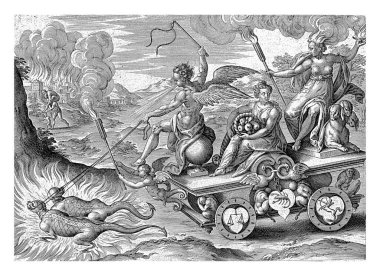 Ateş, Antonie Wierix (II), Marten van Cleve 'den (I) sonra (I), 1565 - 1604' ten önce - Ateş elementinin kadın kişileştirilmesi zaferle sonuçlanan bir savaş arabasına biner..