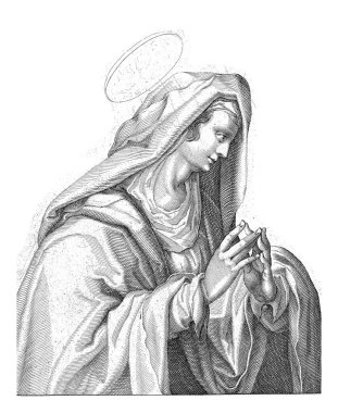 Mater Dolorosa rolünde Mary, Jan Nagel 'den (1570-1616) sonra Jacob de Gheyn (II) (atölye çalışması), 1593 - 1597 Mary, yarı uzunlukta, duacı bir jest içinde el..