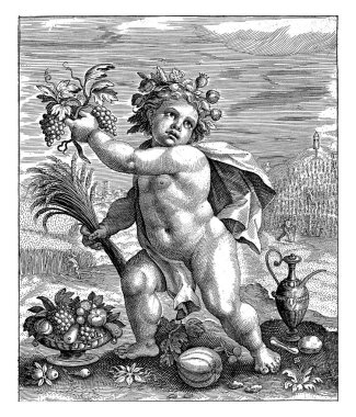 Dahi, Crispijn van de Passe (I), 1589 - 1611 Genius, haşhaş kaplamalı bir putto ve elinde toprağın meyveleri (bir demet üzüm ve bir demet mısır).