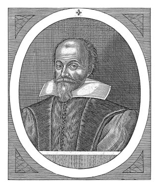 Nicolas Abraham de La Framboisiere 'in portresi, Friedrich van Hulsen, 1590 - 1665 Nicolas Abraham de La Framboisiere büstü, biraz solda Latin harfleriyle oval bir odada..
