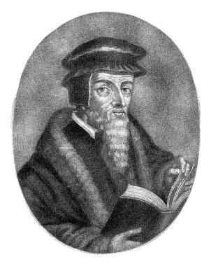 Reformcu John Calvin 'in portresi, Pieter Schenk (I), 1670 - 1713 Kilise reformcusu John Calvin, başlıklı. Elinde açık bir kitap var..