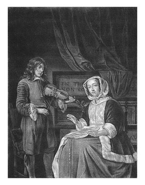 Keman çalan bir adam ve şarkı söyleyen bir kadın, Jacob Gole, Gabriel Metsu 'dan sonra, 1680 - 1700 Interior bir adam keman çalıyor ve bir kadın şarkı söylüyor. Kadının kucağında nota kağıtları var..