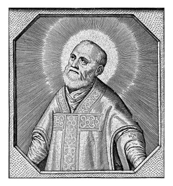 Aziz Filippo Neri 'nin portresi, Hieronymus Wierix, 1595 baskının Latince üç satırı vardır. Kenarında Latince resmedilen kişinin biyografik detayları.