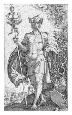 Merkür, Monogramcı IB (16. yüzyıl), 1528 Merkür, kafasında kanatları olan bir kask ve sağ elinde iki yılan olan bir asa. Gökyüzünde Başak ve İkizler takımyıldızları var..