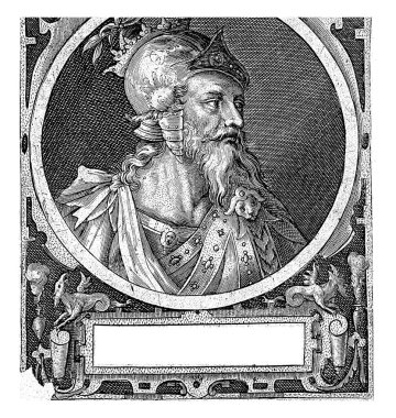 Kral Arthur, Dokuz Kahraman 'dan biri olarak Crispijn van de Passe (I), 1574 - 1637 Hristiyan kahraman Kral Arthur. Altında adının yazılı olduğu bir kartuşla bir madalyonun içinde basılmış..