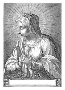 Maria, Egbert van Panderen, Pieter Feddes van Harlingen 'den sonra, 1590 - 1637 Mary, dua ederken, sola. Latince dört satırlık bir manşet. İsa 'nın kolyesi.