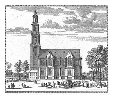 Amsterdam 'daki Westerkerk manzarası, Pieter Hendricksz. Schut, 1662 - 1720 Amsterdam Westerkerk Manzarası. Kilisenin önünde çeşitli figürler, hayvanlar ve bir araba var..