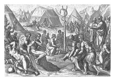 1579 'da Bakır Yılan Johann Sadeler' ın yaratılışı ön planda, Yahudiler yılanların saldırısına uğradı. İkinci planda, Musa değneğiyle bakır bir yılanın kazığını işaret eder.