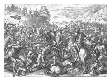Amalekitelerle savaş, Johann Sadeler, 1579 'da Crispijn van den Broeck' un ardından Yahudi halkı Amalekiteler 'in ordusuyla savaşıyor. Bir tepenin arkasında Musa, Aaron, Hur.