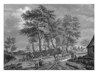 Bir köyün kıyısındaki köy yolu, Reinier Vinkeles (I), 1751 - 1816 Köyün kıyısındaki bir köy yolunda, bazı yayalar ve insanlar at arabasıyla karşıdan karşıya geçiyor..